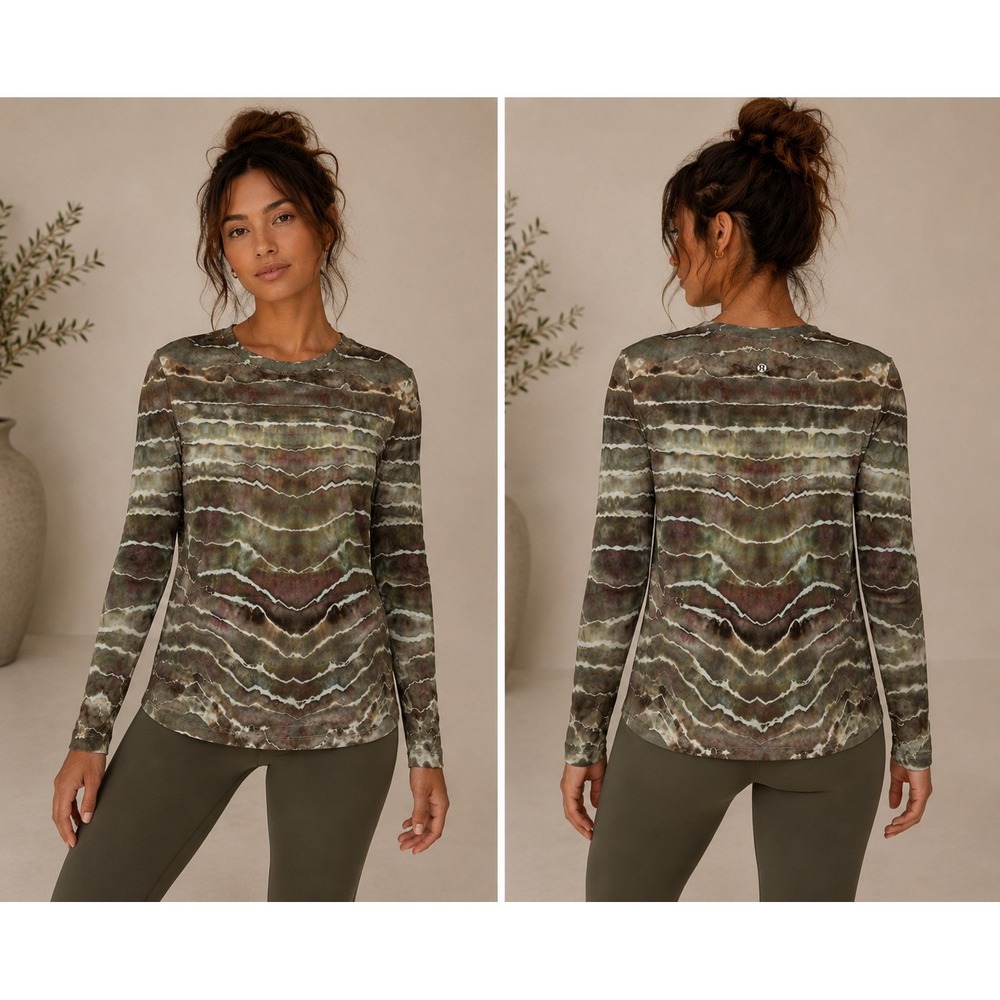 Lululemon  Long Sleeve Shirt Womens 8 Brown Green‎  CUSTOM Tie Dye hIKING